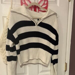 Dynamite Black and White Striped Cowl Neck Sweater